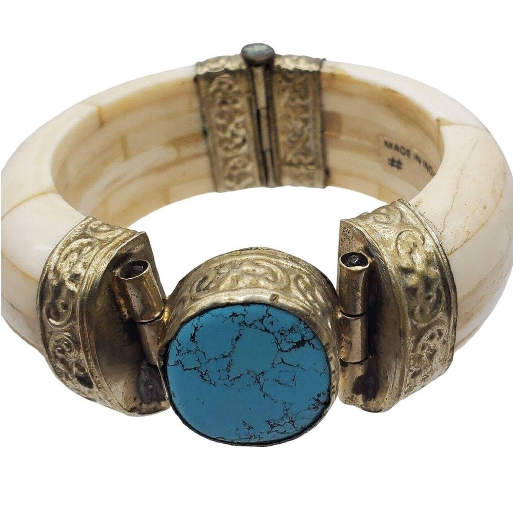 Vintage Blue Hinged Bangle Water Buffalo Bracelet Chunky Boho Layered Stackable